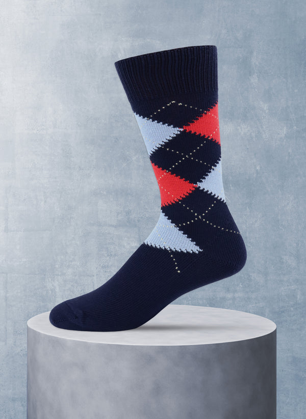 Argyle Cotton Sock in Navy with Light Blue and Red