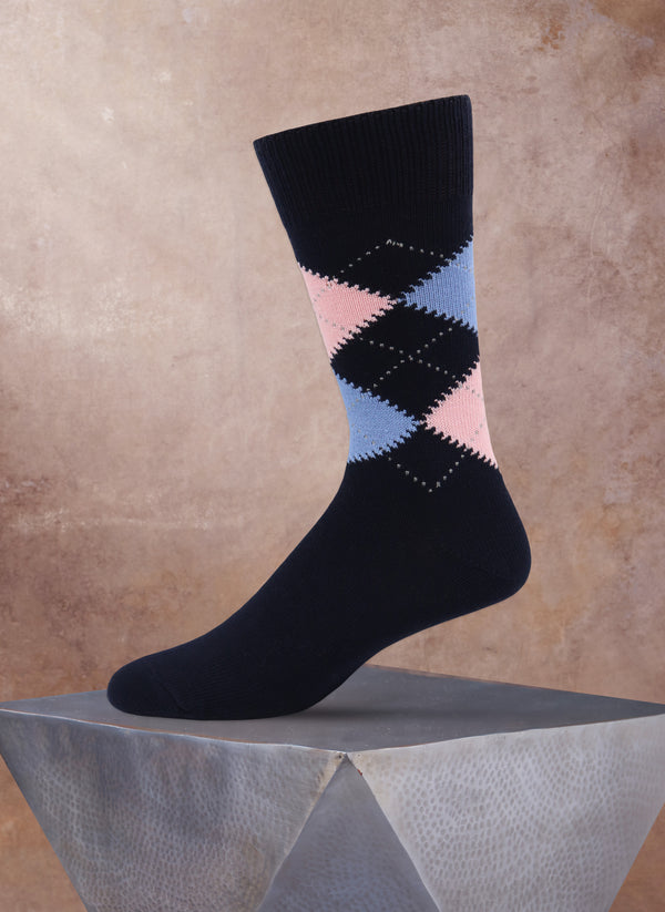 Argyle Cotton Sock in Navy with Light Blue and Light Pink