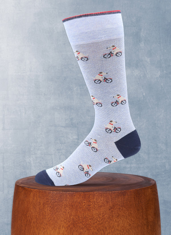 Dog Riding Bike Sock in Light Blue with navy blue heel and toe