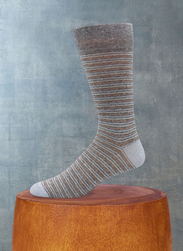 Supple Italian Linen Thin Multi Stripe Sock in Light Grey