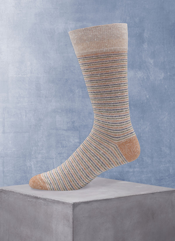 Supple Italian Linen Thin Multi Stripe Sock in Taupe