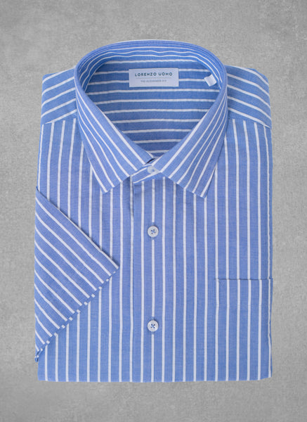 Alexander in French Blue and White Stripe Short Sleeve Shirt, L