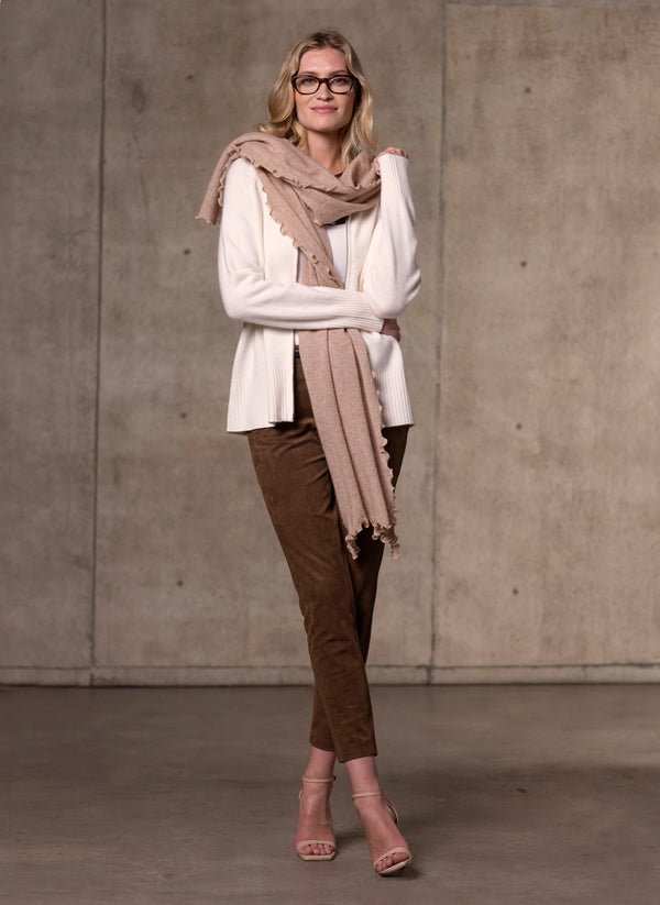 Women's double zip cashmere cardigan in ivory featuring our women's scarf in taupe