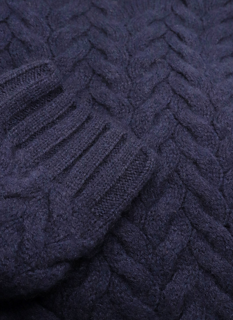 close up of Women's Giulia Turtle Neck Cable Cashmere Sweater in Navy 