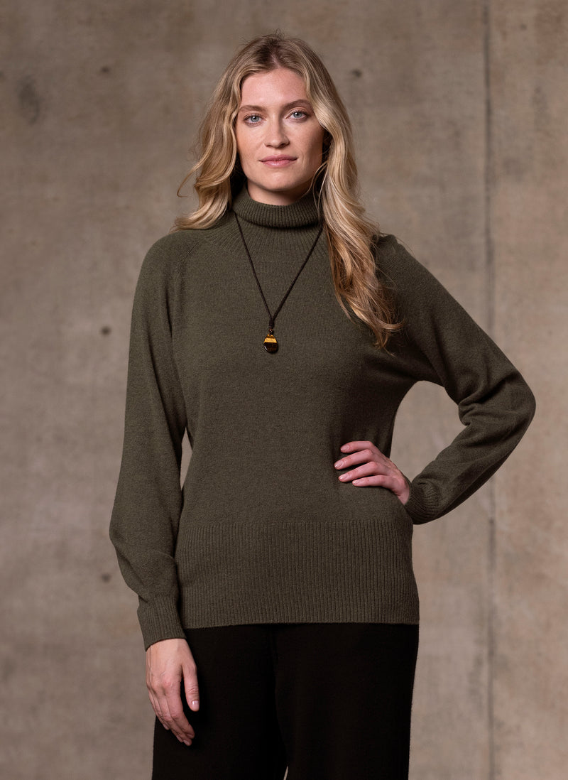 Women's Cinzia Turtle Neck Cashmere Sweater in Olive featuring our cashmere wide leg pant in black