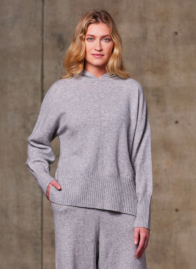 Women's Cashmere Hoodie Sweater and  Full Leg Cashmere Pants in Light Grey
