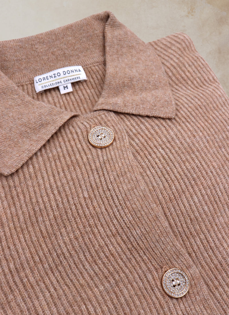 Detailed Image Women's Button Cardigan Knitted Cashmere Sweater in Camel 