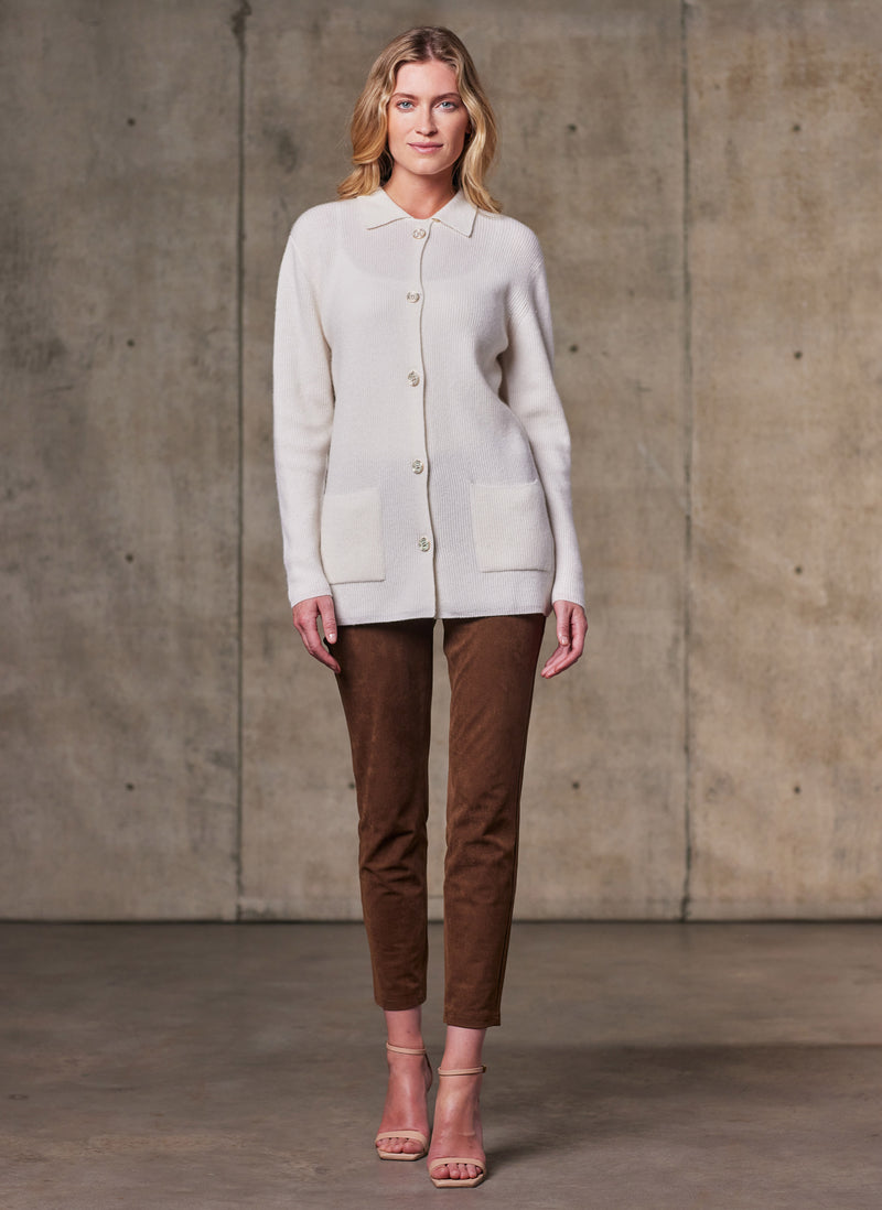 Women's Marchesa Button Cardigan Knitted Cashmere Sweater in Ivory with brown Suede Pants