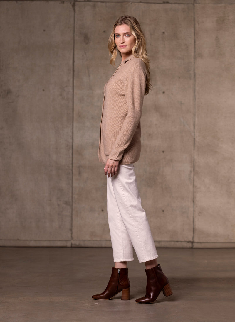 Women's Button Cardigan Knitted Cashmere Sweater in Camel with cream pants