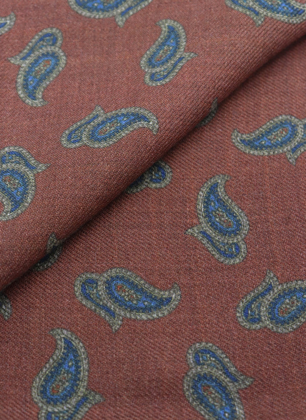 Men's Paisley Wool Pocket Square in Rust rolled
