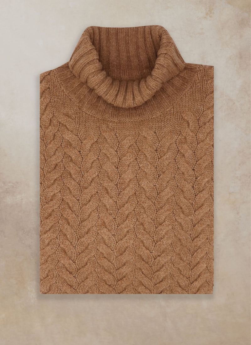 Flat Image of Women's Giulia Turtle Neck Cable Cashmere Sweater in Camel 