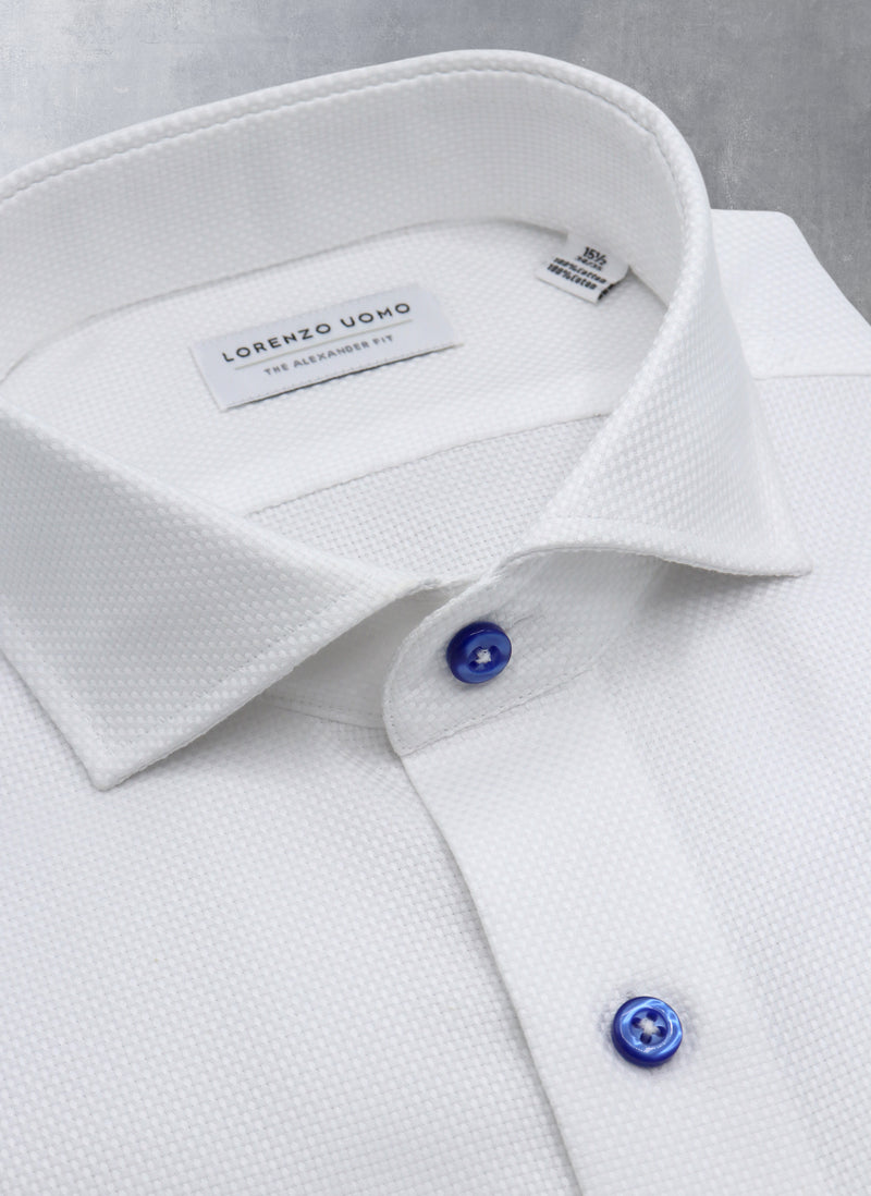 Collar detail of Alexander in White Solid Textured with Contrast Navy Shirt