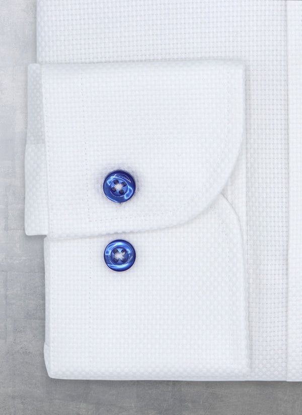 Cuff Detail of Alexander in White Solid Textured with Contrast Navy Shirt 