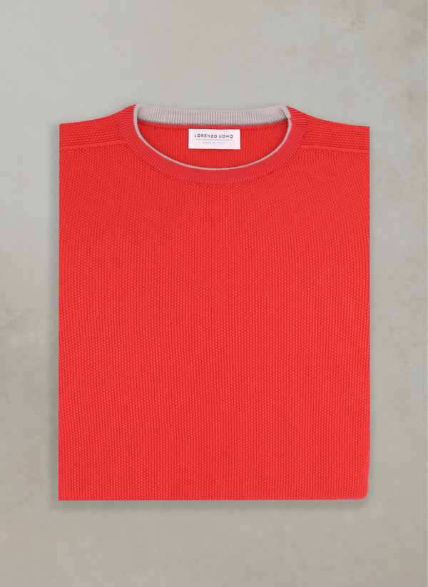 flat lay image of 100% merino wool crew neck sweater in coral