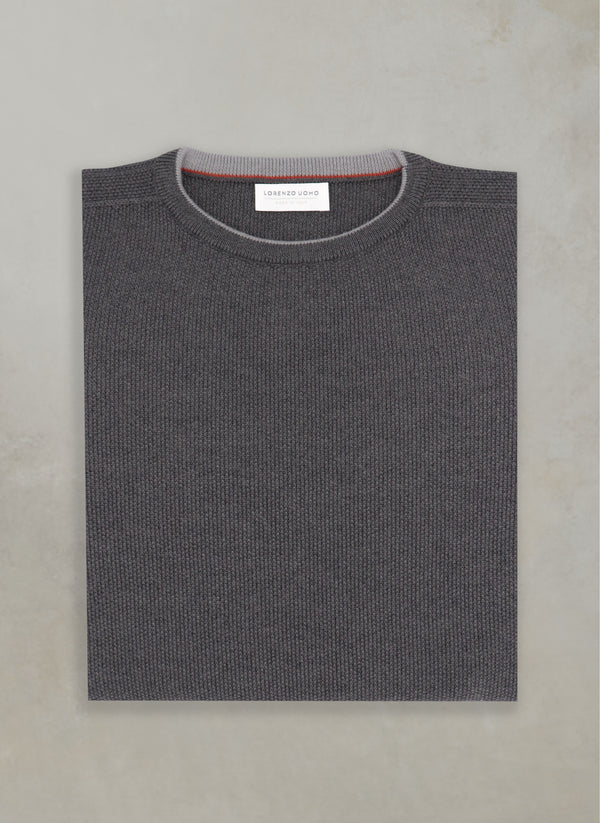 flat lay image of 100% merino wool crew neck sweater in dark grey mélange  