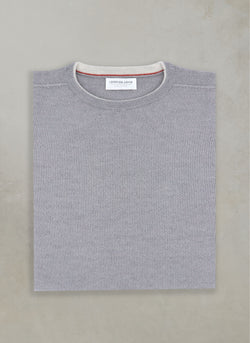 flat lay image of 100% merino wool crew neck sweater in light grey