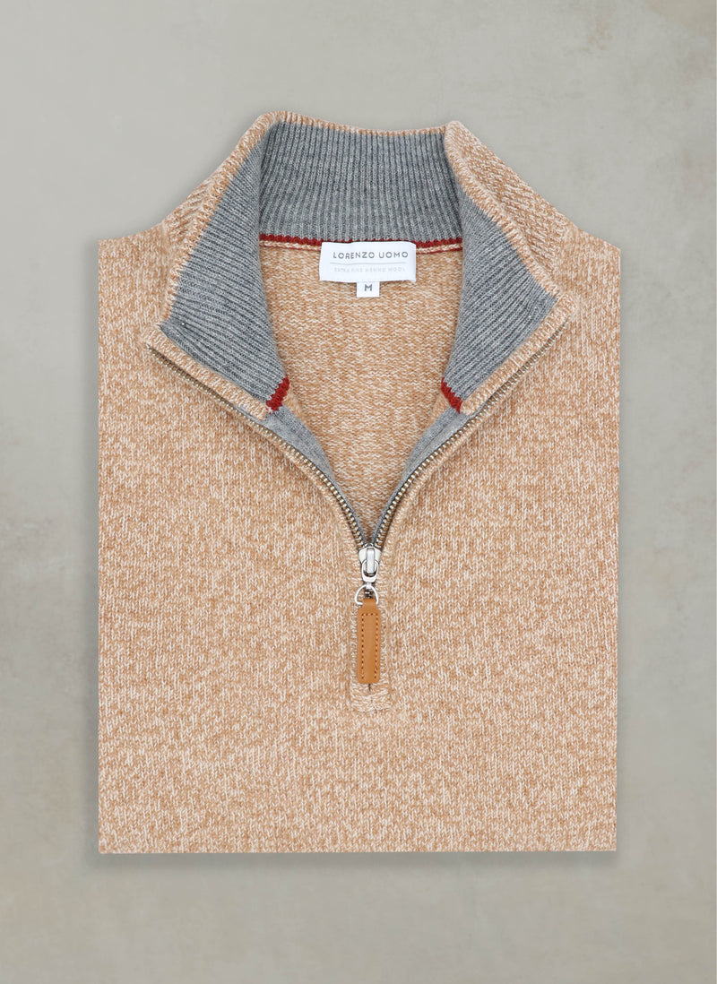 flat lay image of our 100% merino wool mélange quarter zip sweater showing the contrasting details within the collar of the sweater