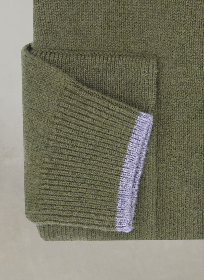 cuff detail of men's barn coat sweater in olive green