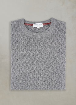 flat lay image of the men's  como basketweave cashmere crew neck sweater in light grey with contract cinna detail inside garment