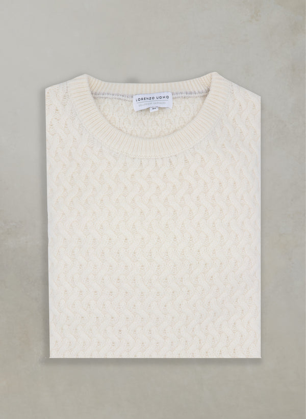 flat lay of men's como basketweave cashmere crew neck sweater in ivory