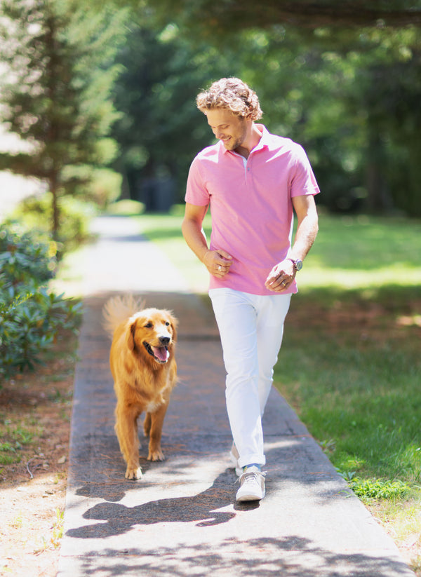 Model walking with dog in Polo Shirt in Coral Heather