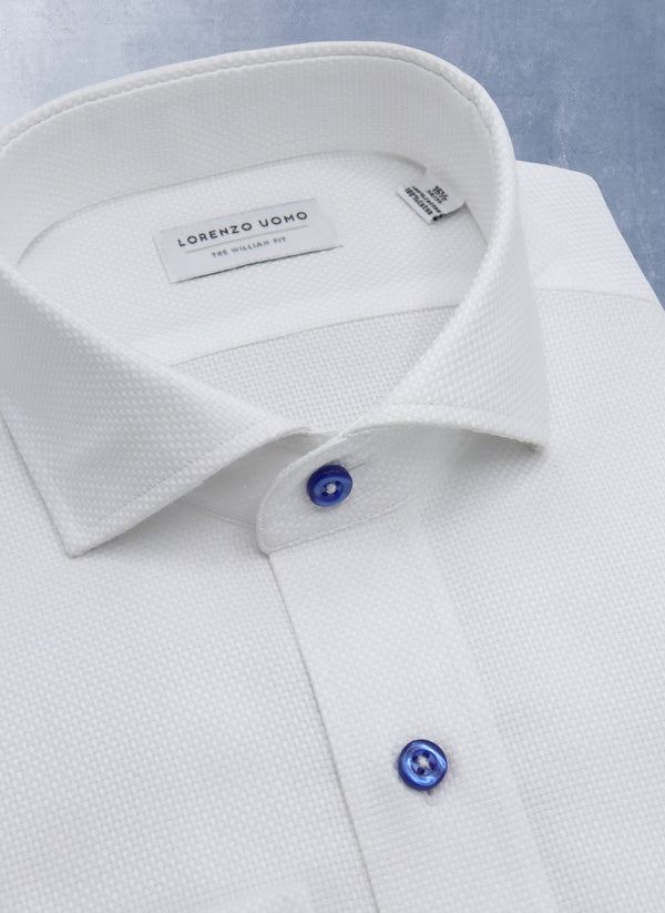 Collar Detial of William in White Solid Textured with Contrast Navy Shirt