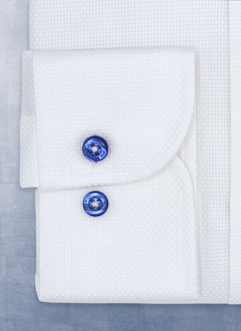 Cuff Detail of William in White Solid Textured with Contrast Navy Shirt