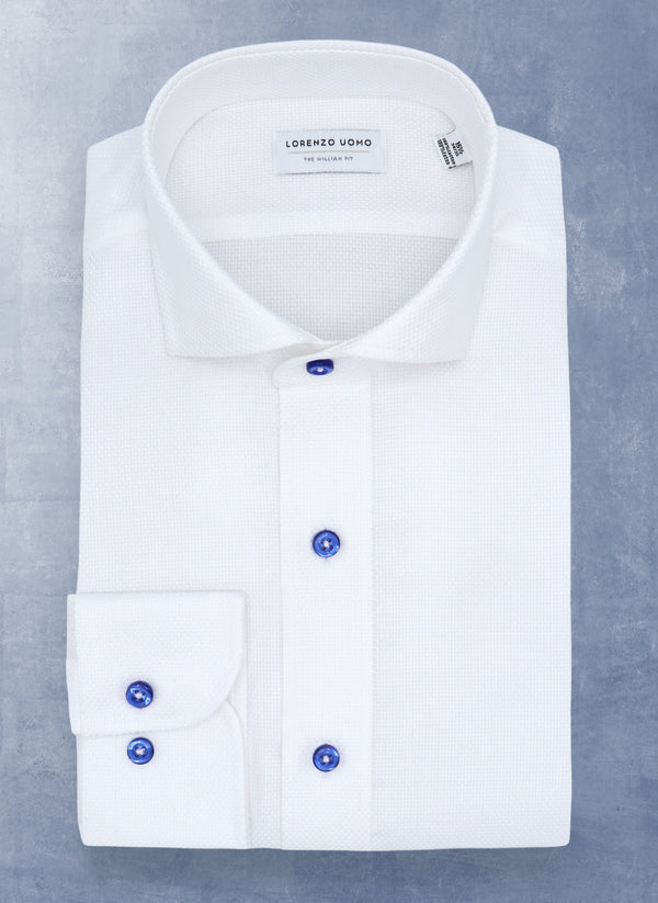 William in White Solid Textured with Contrast Navy Shirt