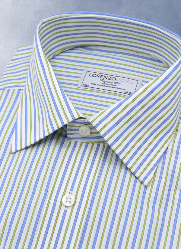 Collar Detail of William Fullest Fit Shirt in Blue and Green Stripes