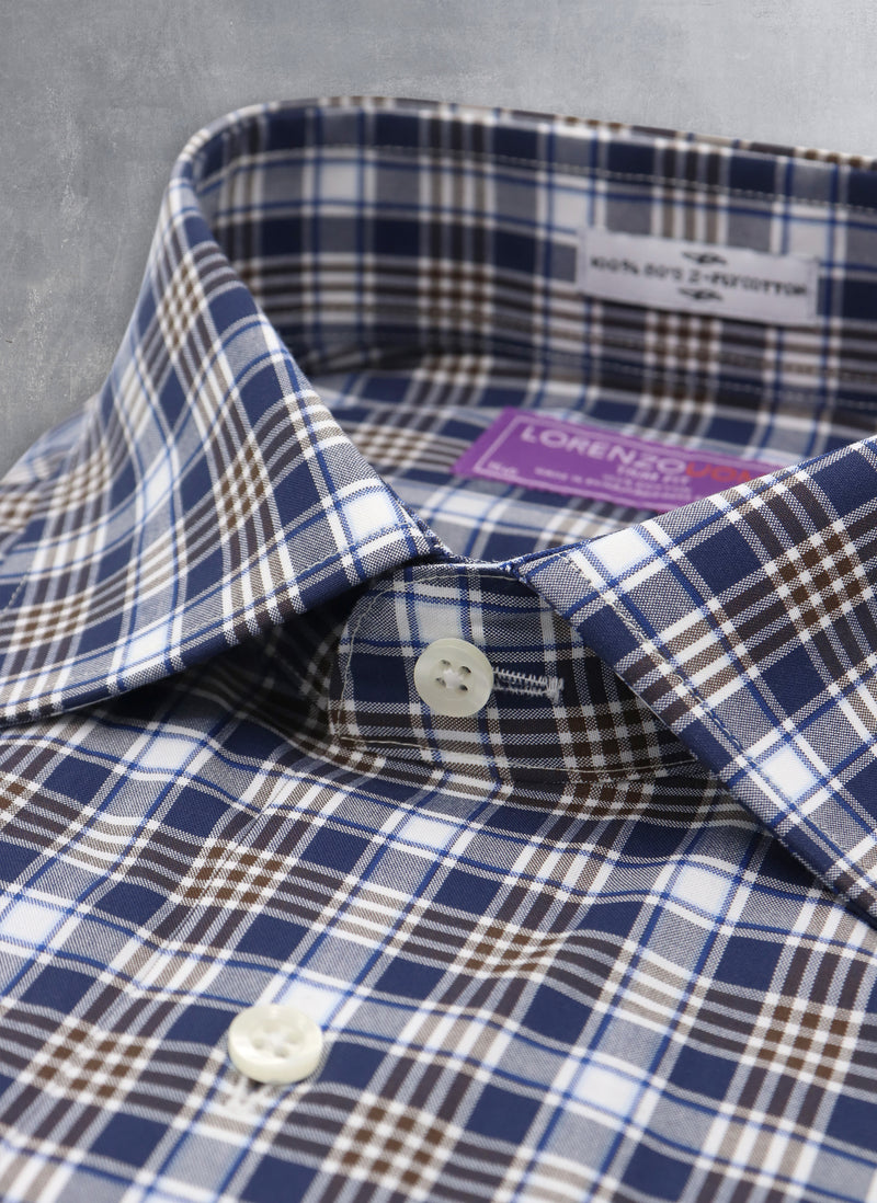 Collar detail of Maxwell in Navy with Brown and White Plaid Shirt 