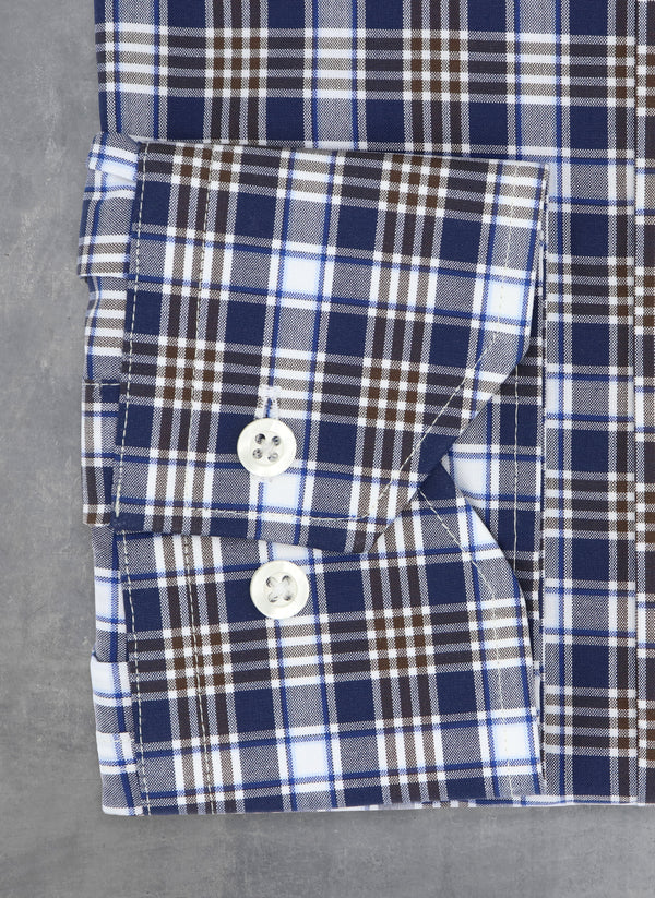 Cuff Detail of Maxwell in Navy with Brown and White Plaid Shirt 