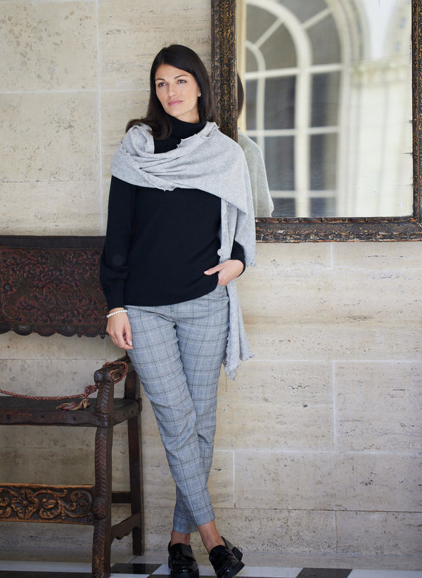 Women's Cinzia Turtle Neck Cashmere Sweater in Black featuring our cashmere scarf in light grey