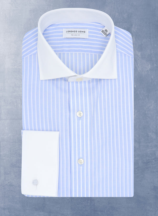 blue wide stripe shirt with a white collar and  French cuff