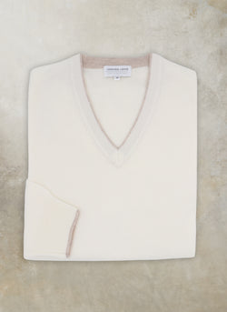 Men's Melbourne Contrast V-Neck Extra-Fine Pure Merino Wool Sweater in Cream