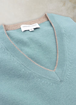 Men's Melbourne Contrast V-Neck Extra-Fine Pure Merino Wool Sweater in Robin Egg