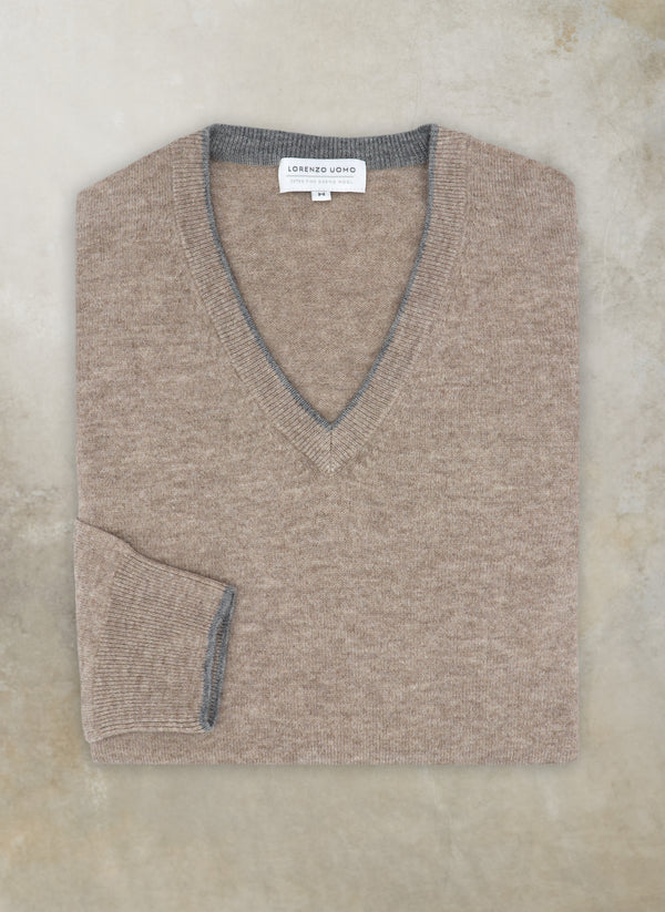Men's Melbourne Contrast V-Neck Extra-Fine Pure Merino Wool Sweater in Taupe