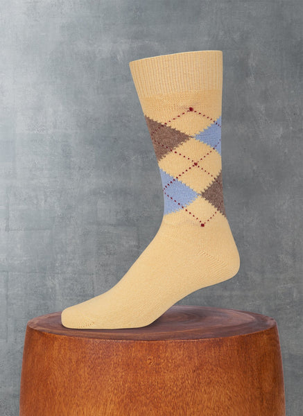 Cashmere Argyle in Soft Yellow with Periwinkle and Heather Taupe Socks
