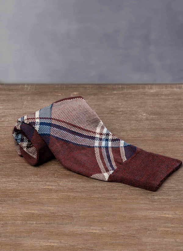 Merino Wool Plaid Sock in Burgundy Rolled Image