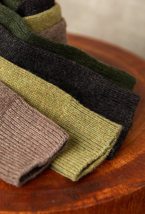 Group cashmere blend socks in taupe, green, olive and charcoal