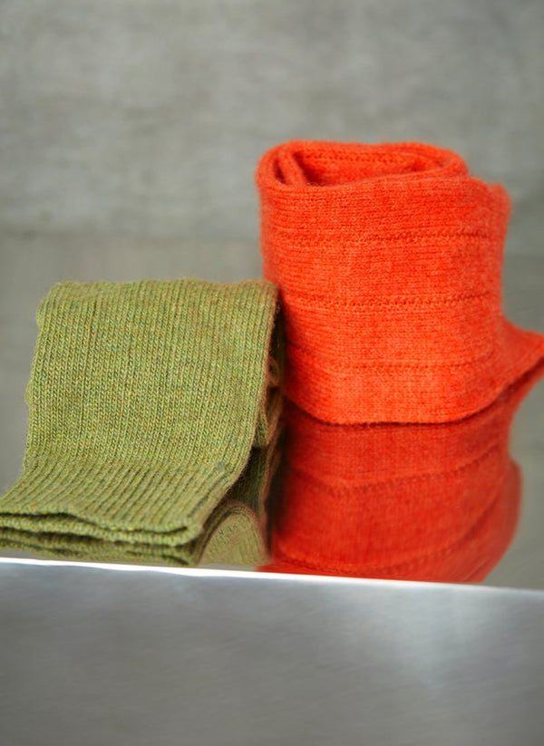orange cashmere rib sock and green cashmere rib sock 