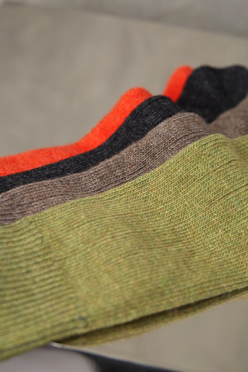 group  image of cashmere rib socks in green, taupe, charcoal and orange