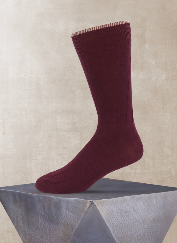 Solid Wide Rib Sock in Burgundy with taupe tipping