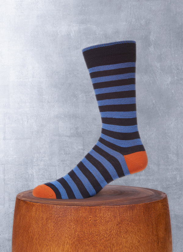 Merino Wool Rugby Stripe Sock in Blue and Navy with orange heel and toe