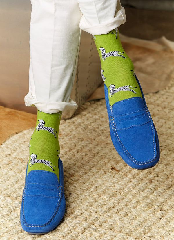Large Zebra Sock in Green with navy blue loafers