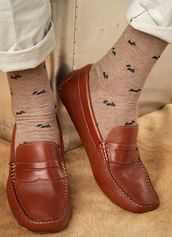 Scotty Dogs Sock in Taupe with brown leather loafers