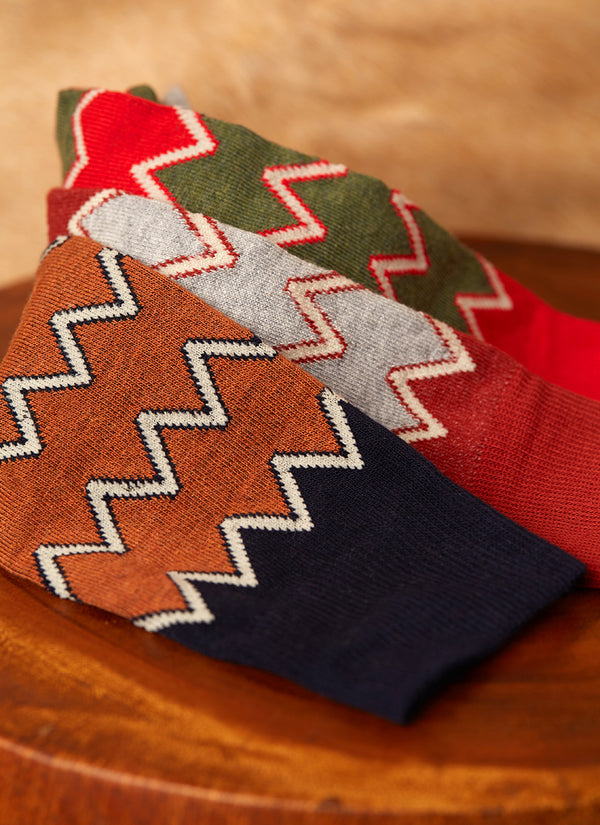 Grouping of Aztec Zig Zag Sock in Navy and Aztec Zig Zag Sock in Grey and Aztec Zig Zag Sock in Rust and Green