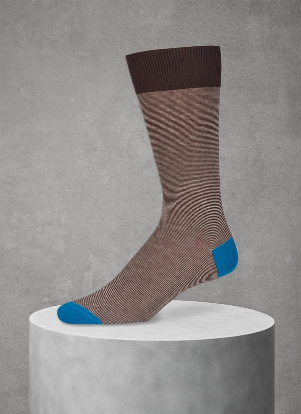 cashmere thin stripe sock in brown with royal blue heel and toe