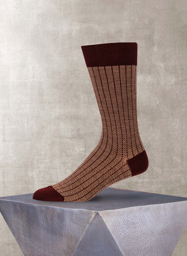 Merino Wool Herringbone Sock in Burgundy and Taupe