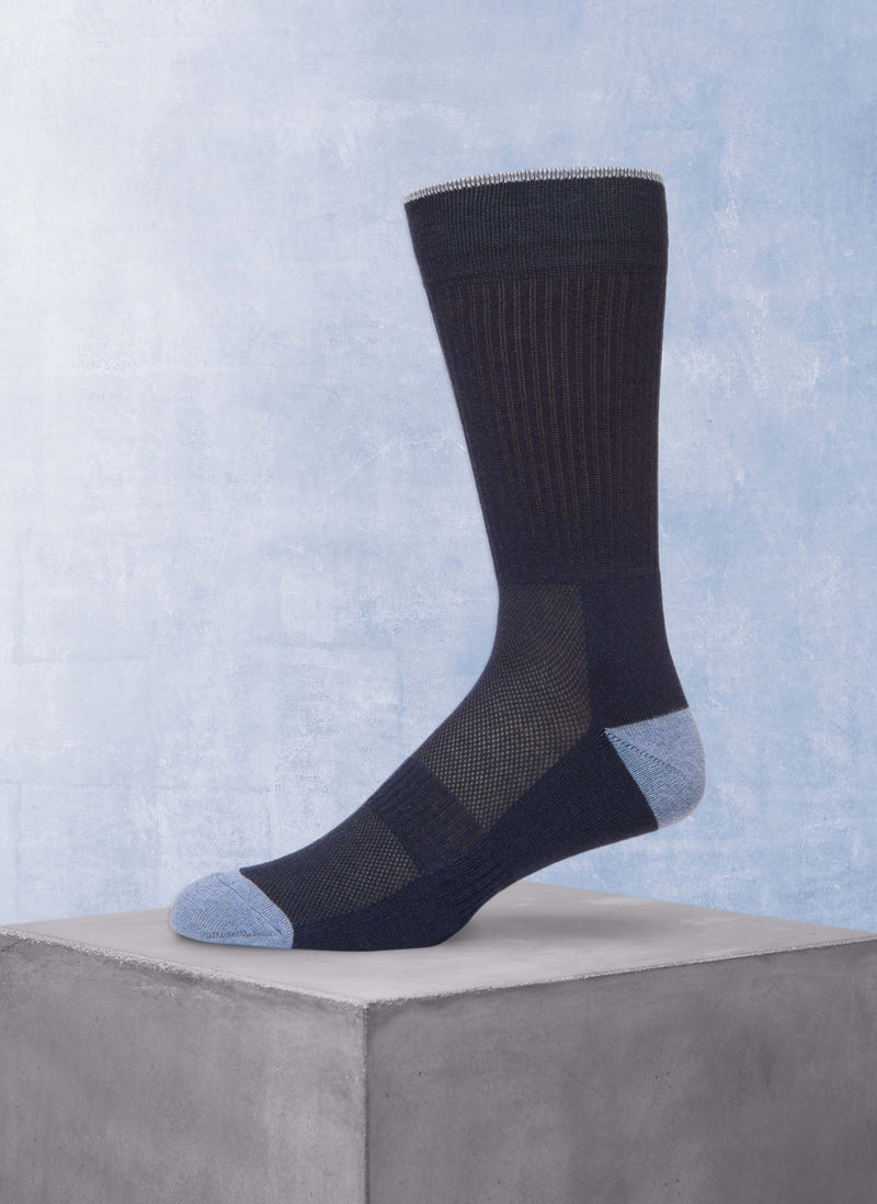 Rib Dark Denim Blue sock with contract heel and hoe in light blue