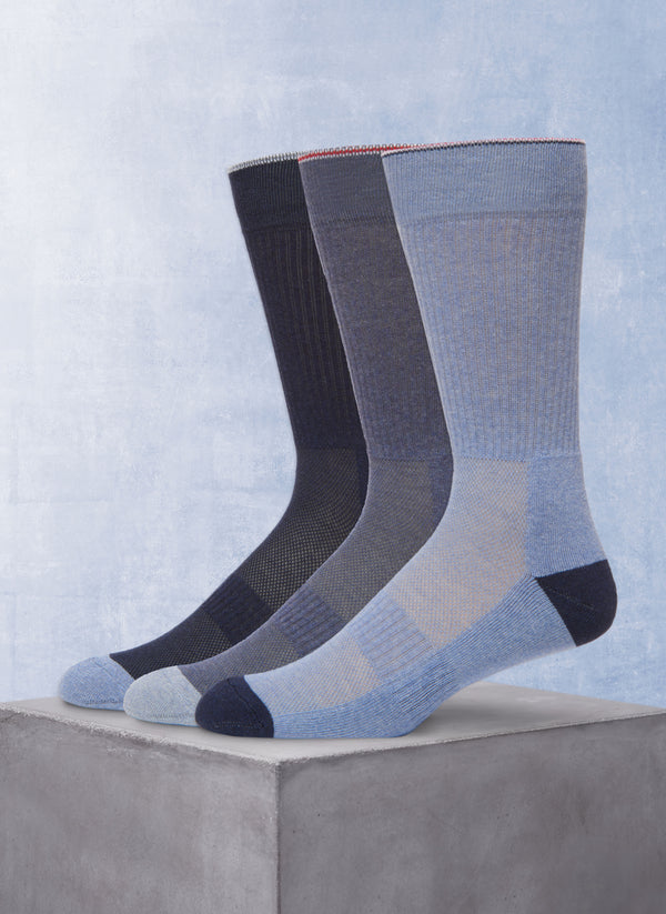 3-Pack Organic Cotton Fashion Mid-Calf Sport Socks in Blue Denim in Solid Navy, Solid Denim, and Solid Light Blue with contrast heel and toe